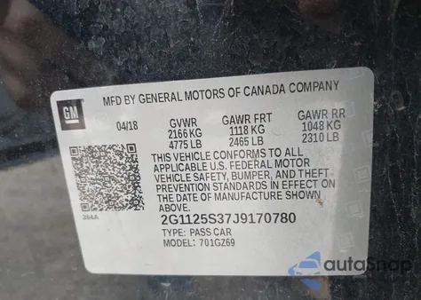 2018 Chevrolet Impala 2Lz из США, поврежденный, VIN 2G1125S37J9170780